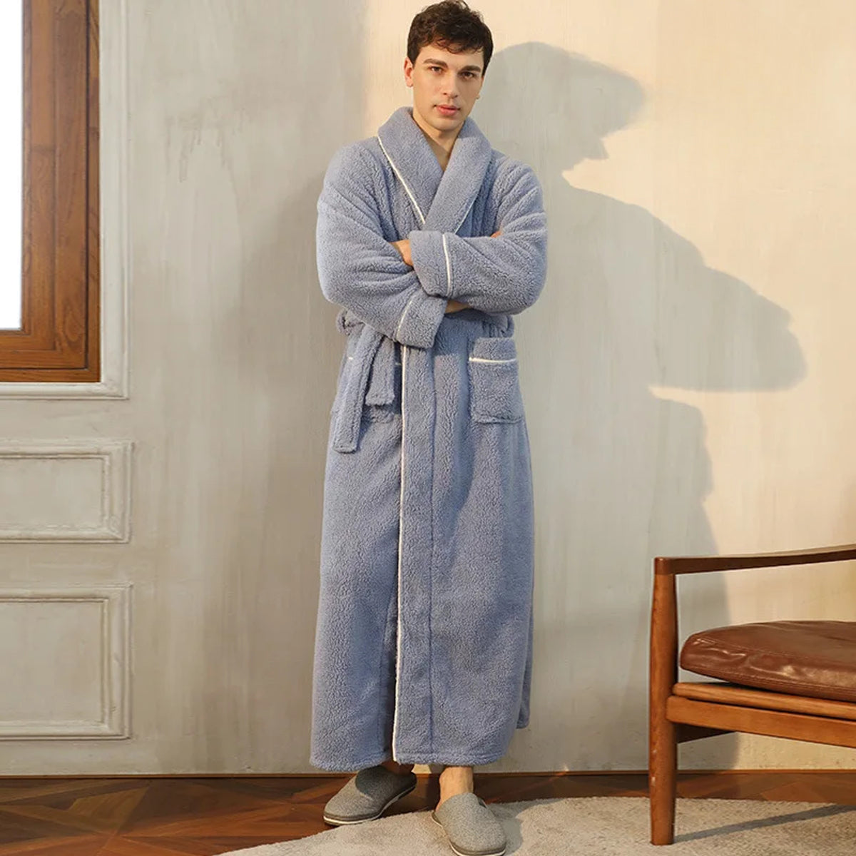 Flannel Bathrobe with Loose Fit and Long Sleeves - Image 21