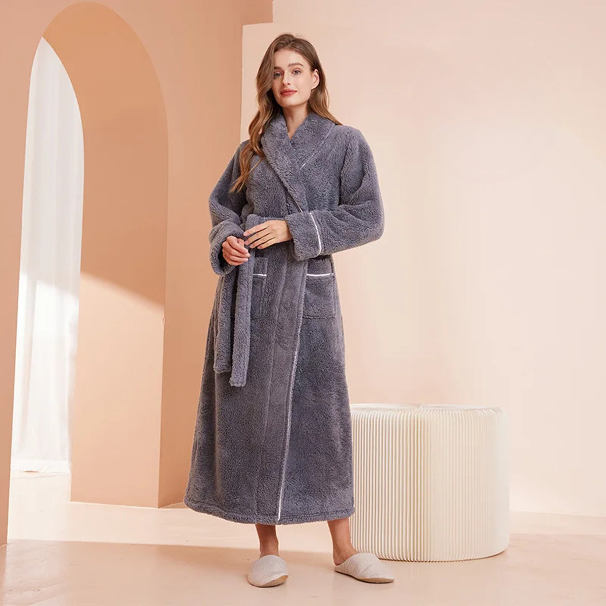 Flannel Bathrobe with Loose Fit and Long Sleeves - Image 22