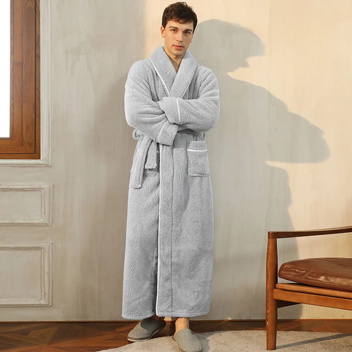 Flannel Bathrobe with Loose Fit and Long Sleeves - Image 4