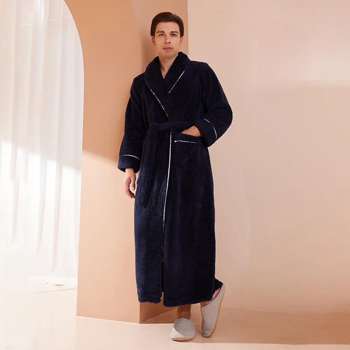 Flannel Bathrobe with Loose Fit and Long Sleeves - Image 5