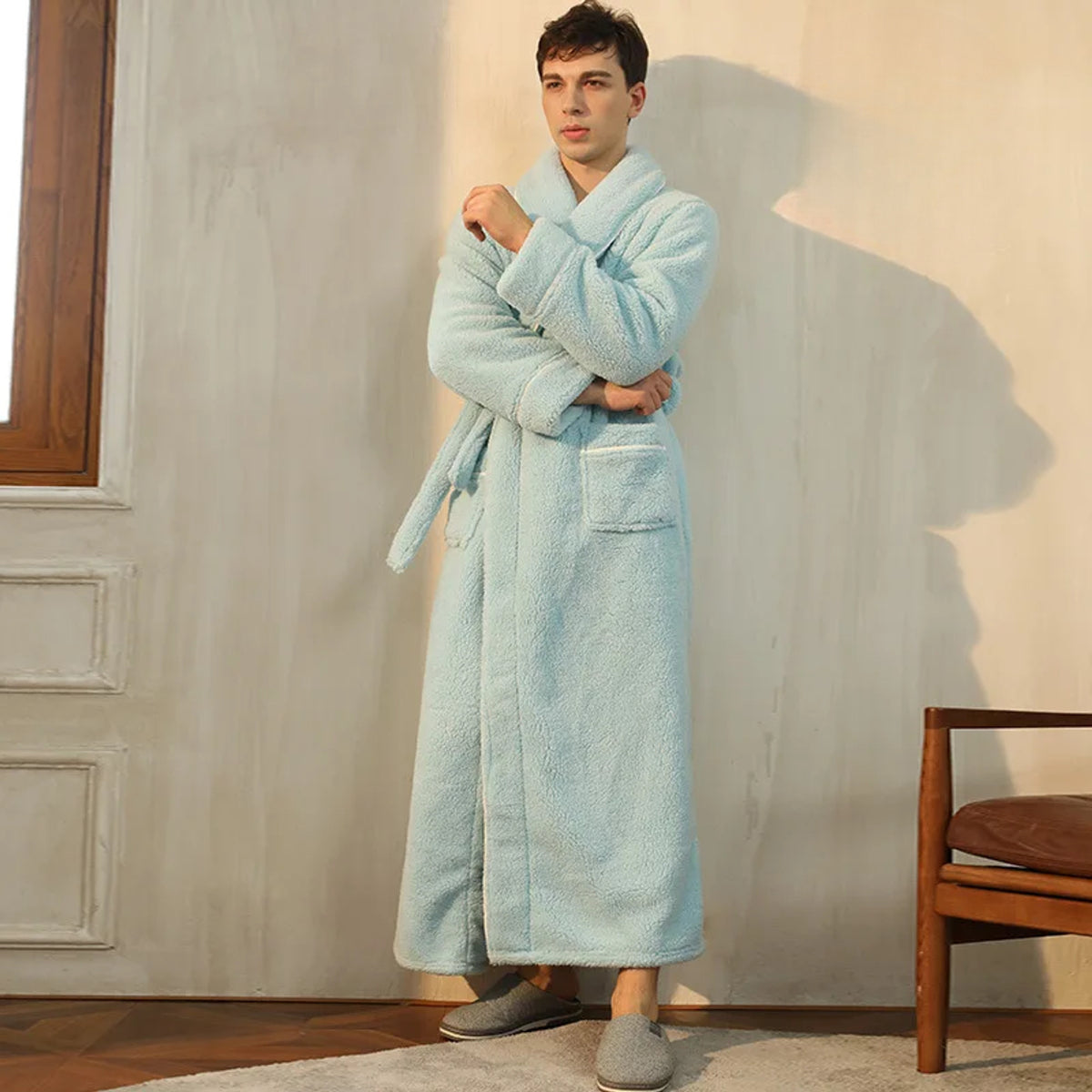 Flannel Bathrobe with Loose Fit and Long Sleeves - Image 6
