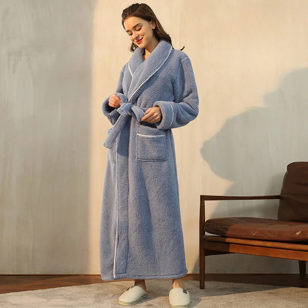 Flannel Bathrobe with Loose Fit and Long Sleeves - Image 7