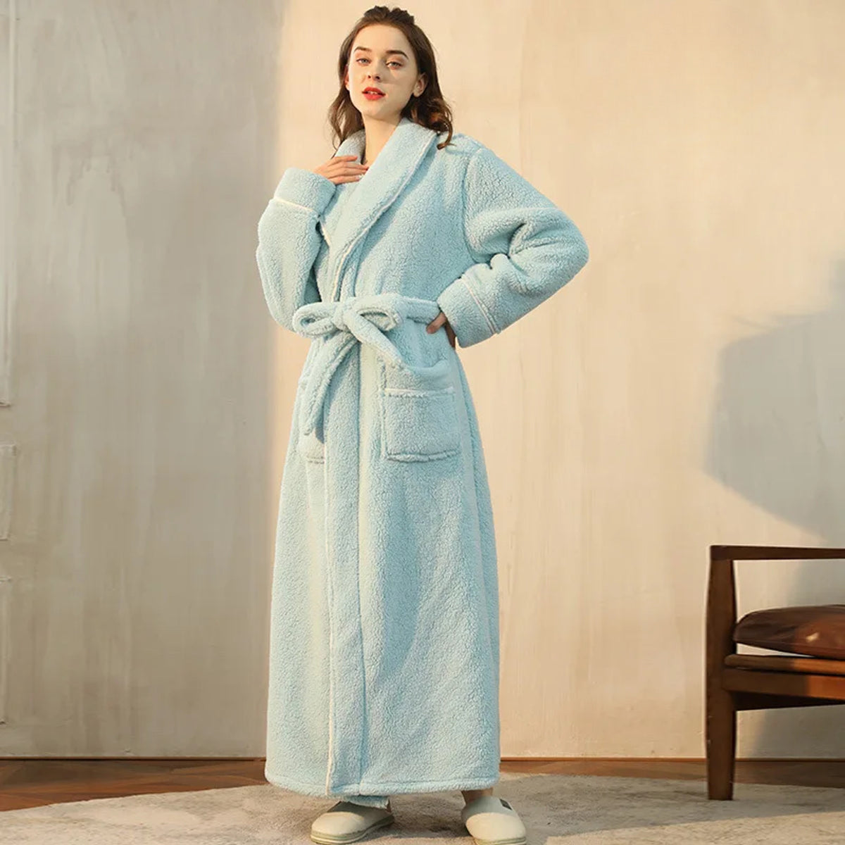 Flannel Bathrobe with Loose Fit and Long Sleeves - Image 8