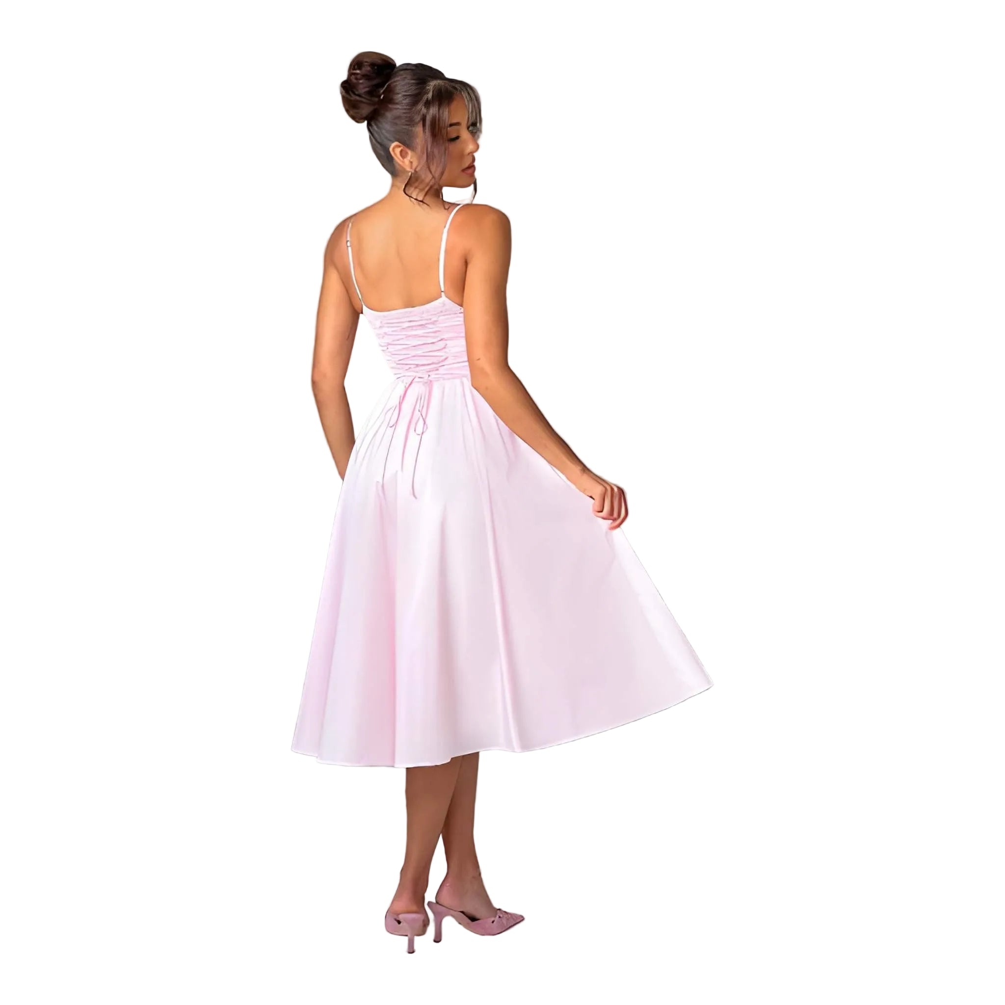 NOVA | Blush Pink Corset Midi Dress with Straps – Elegant A-Line Summer Party Dress for Women UK