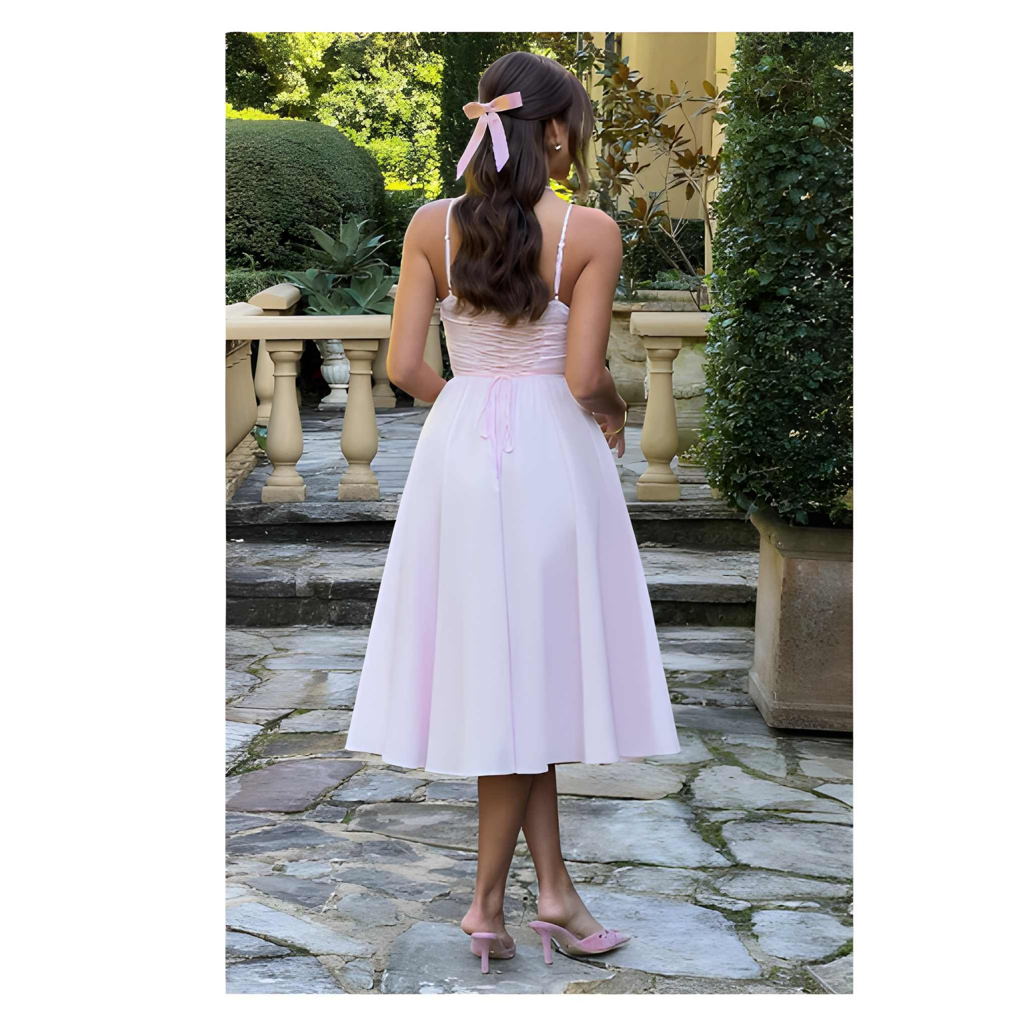 NOVA | Blush Pink Corset Midi Dress with Straps – Elegant A-Line Summer Party Dress for Women UK