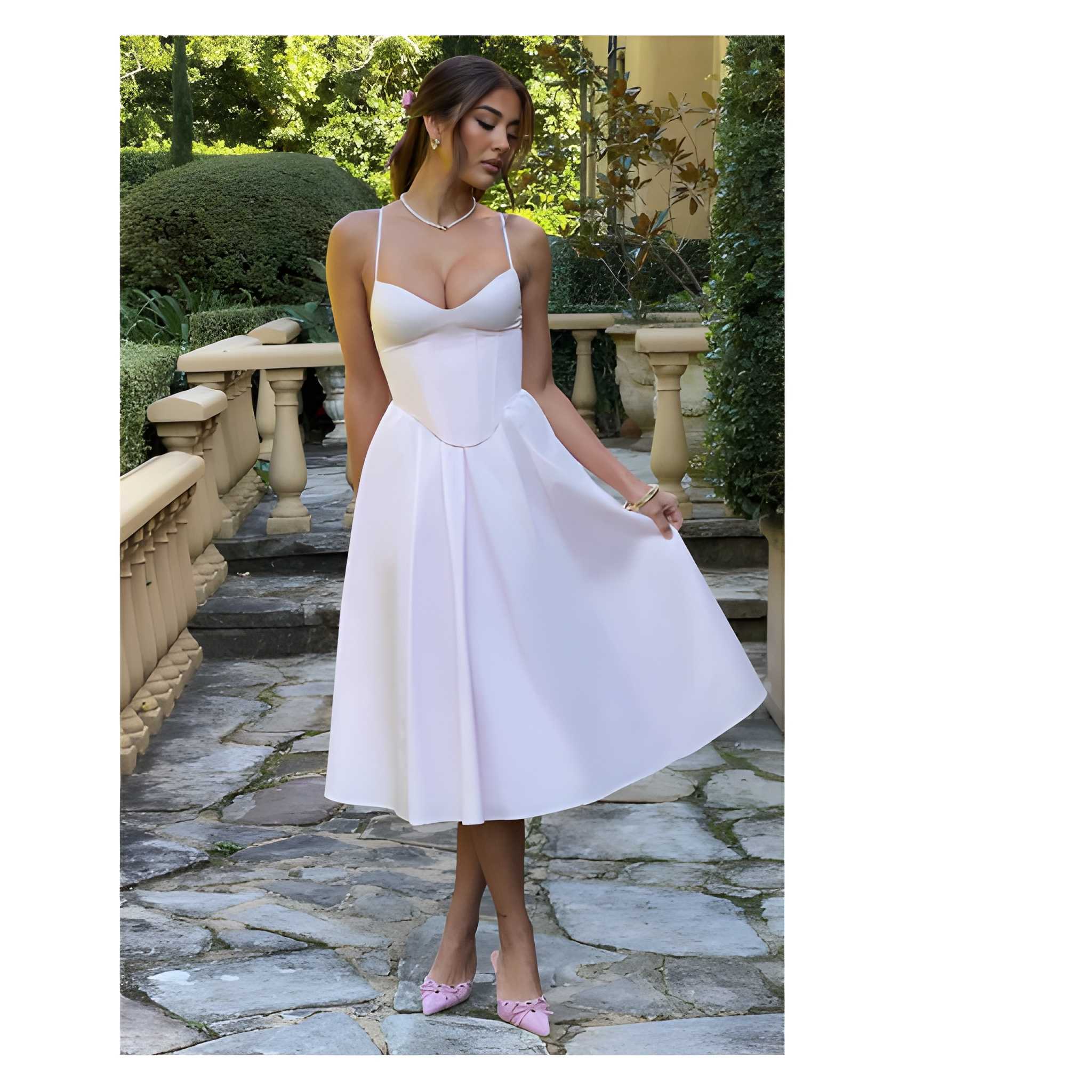 NOVA | Blush Pink Corset Midi Dress with Straps – Elegant A-Line Summer Party Dress for Women UK