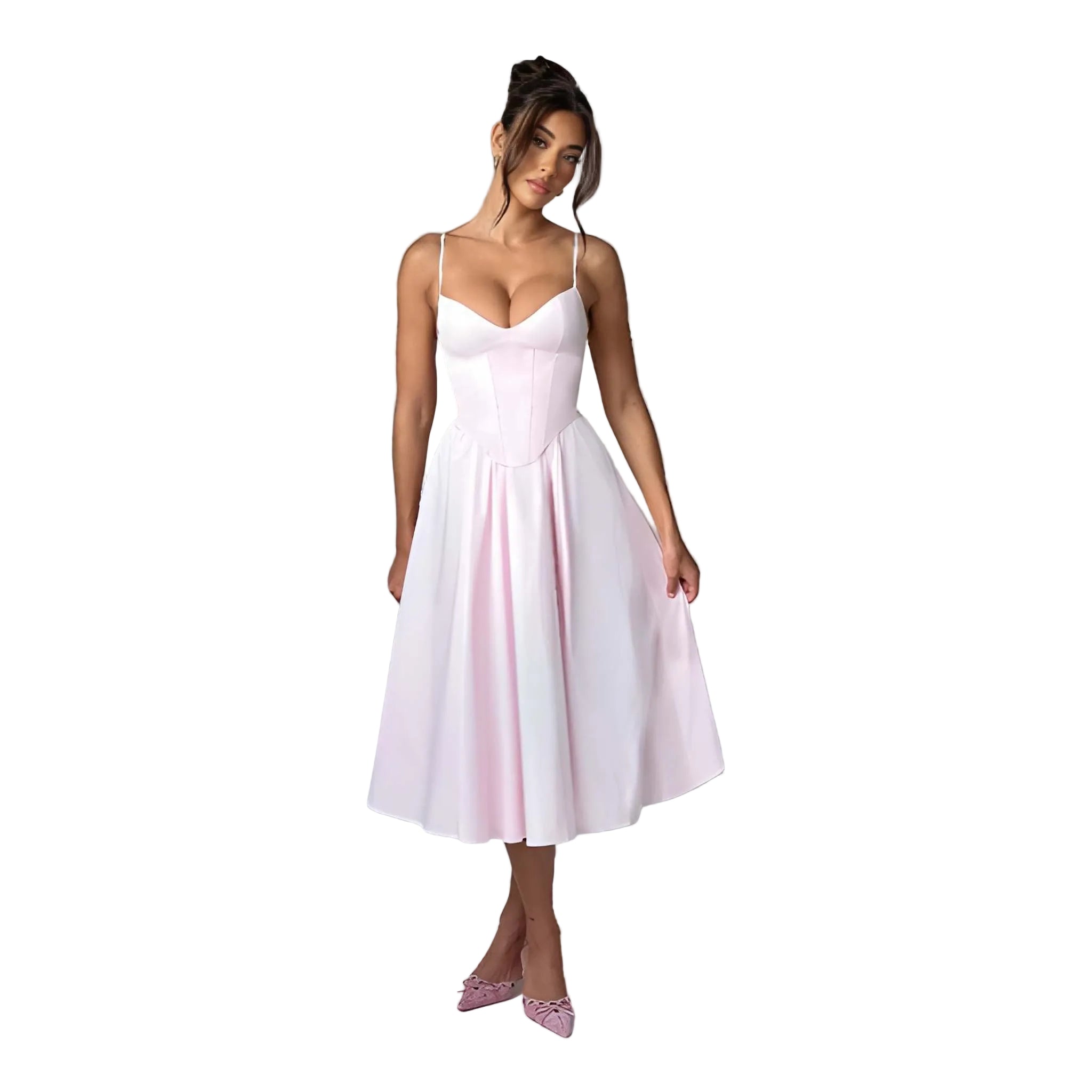 NOVA | Blush Pink Corset Midi Dress with Straps – Elegant A-Line Summer Party Dress for Women UK