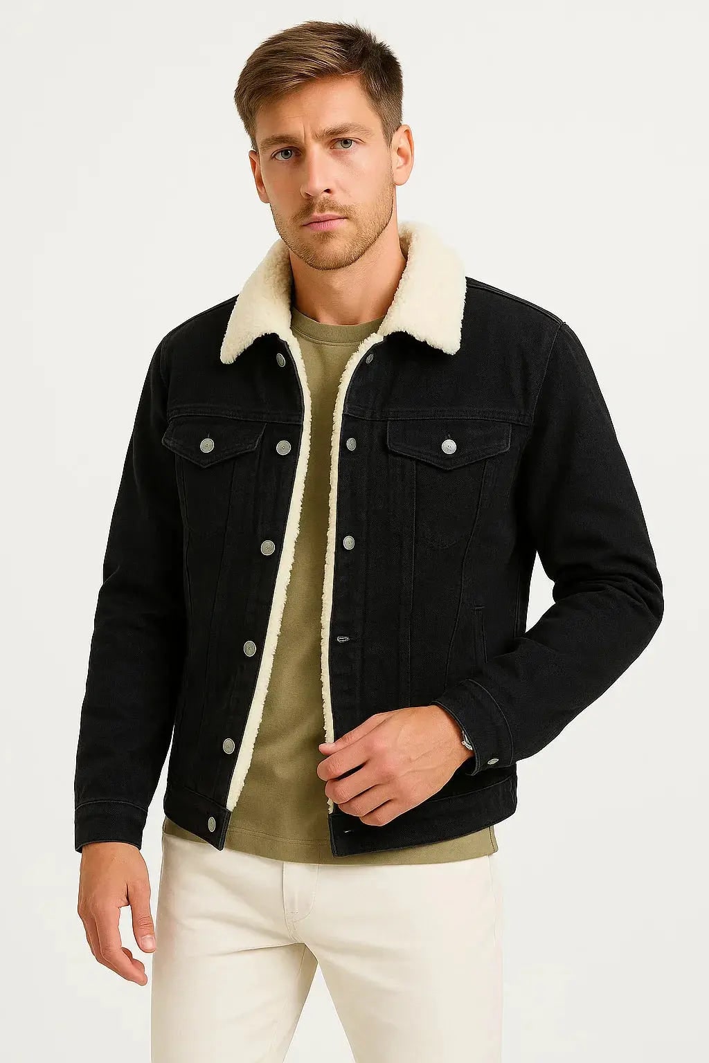 Fleece Jacket with Lined Denim Fit and Shearling Collar - Image 4