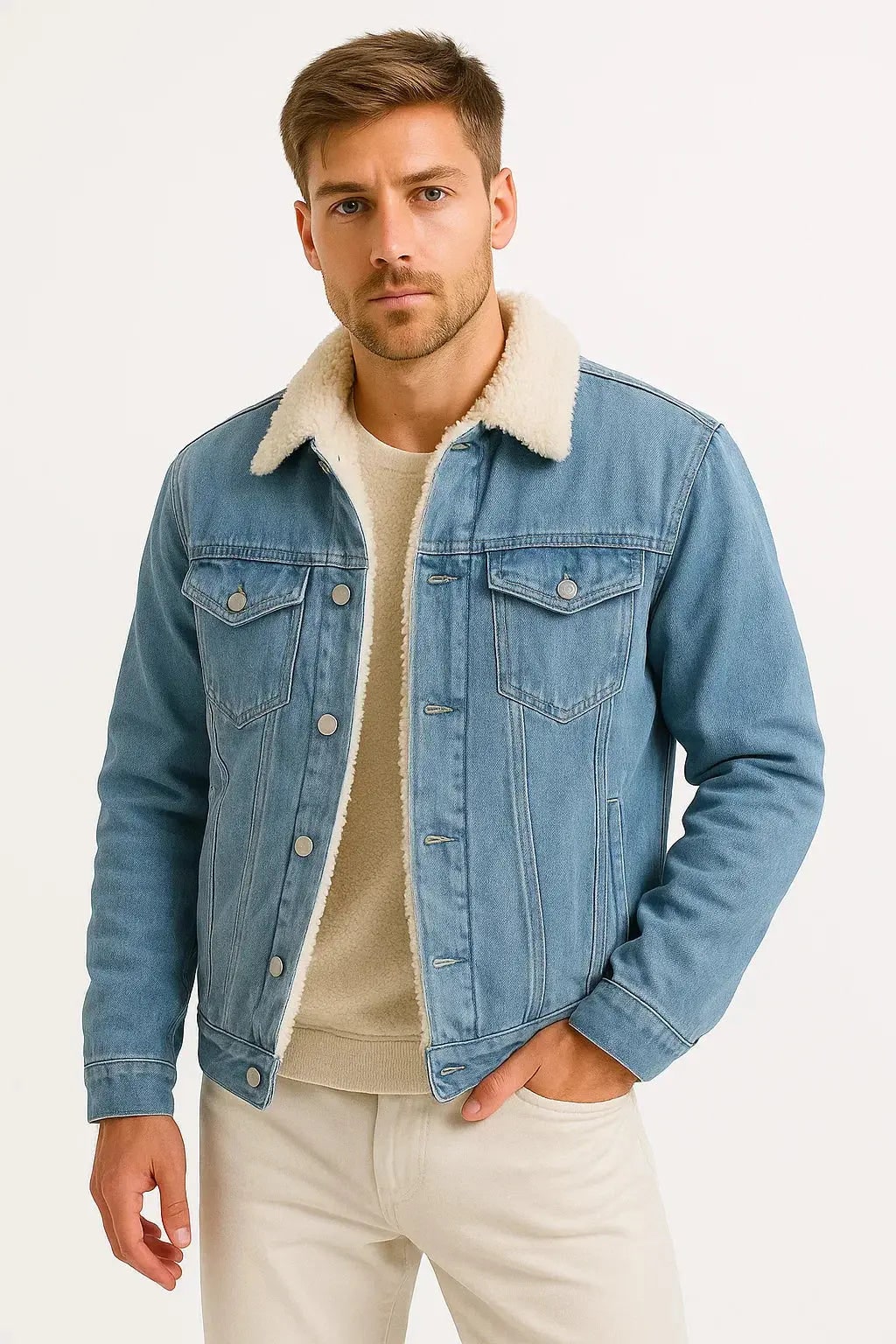 Fleece Jacket with Lined Denim Fit and Shearling Collar - Image 6