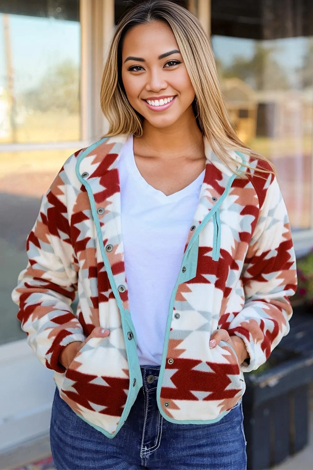 Fleece Jacket with Snap Button Closure and Western Aztec - Image 1