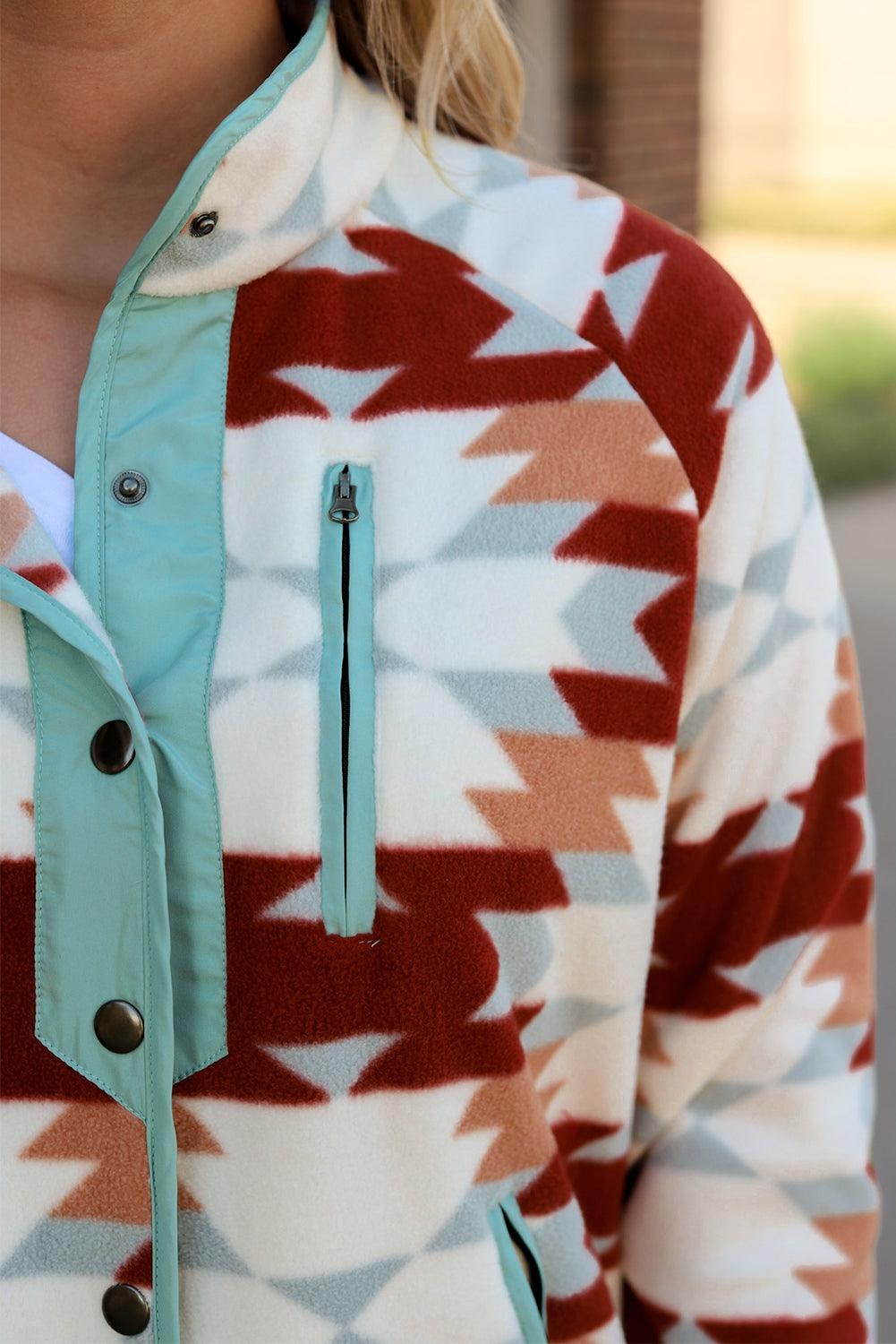 Fleece Jacket with Snap Button Closure and Western Aztec - Image 5
