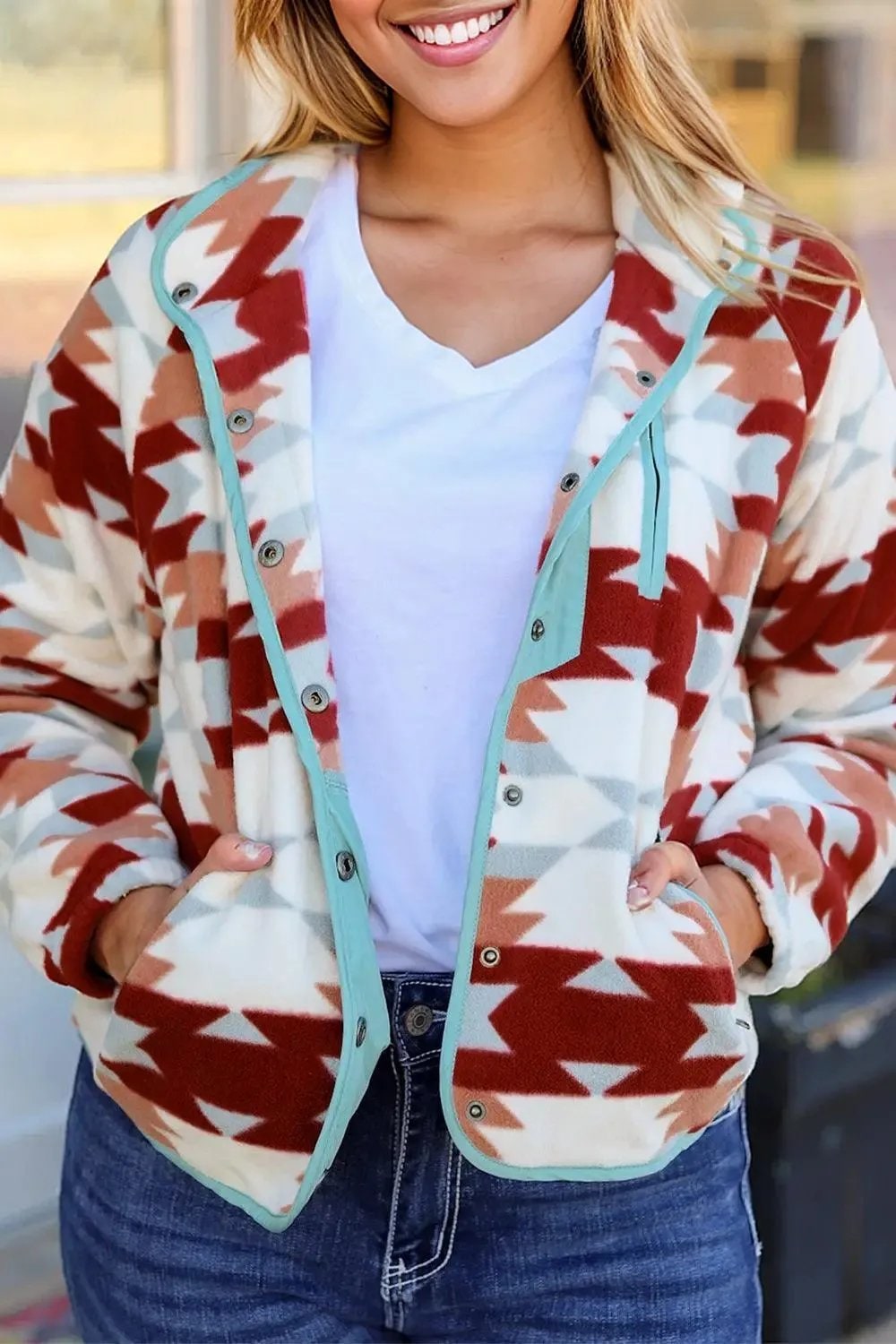 Fleece Jacket with Snap Button Closure and Western Aztec - Image 6