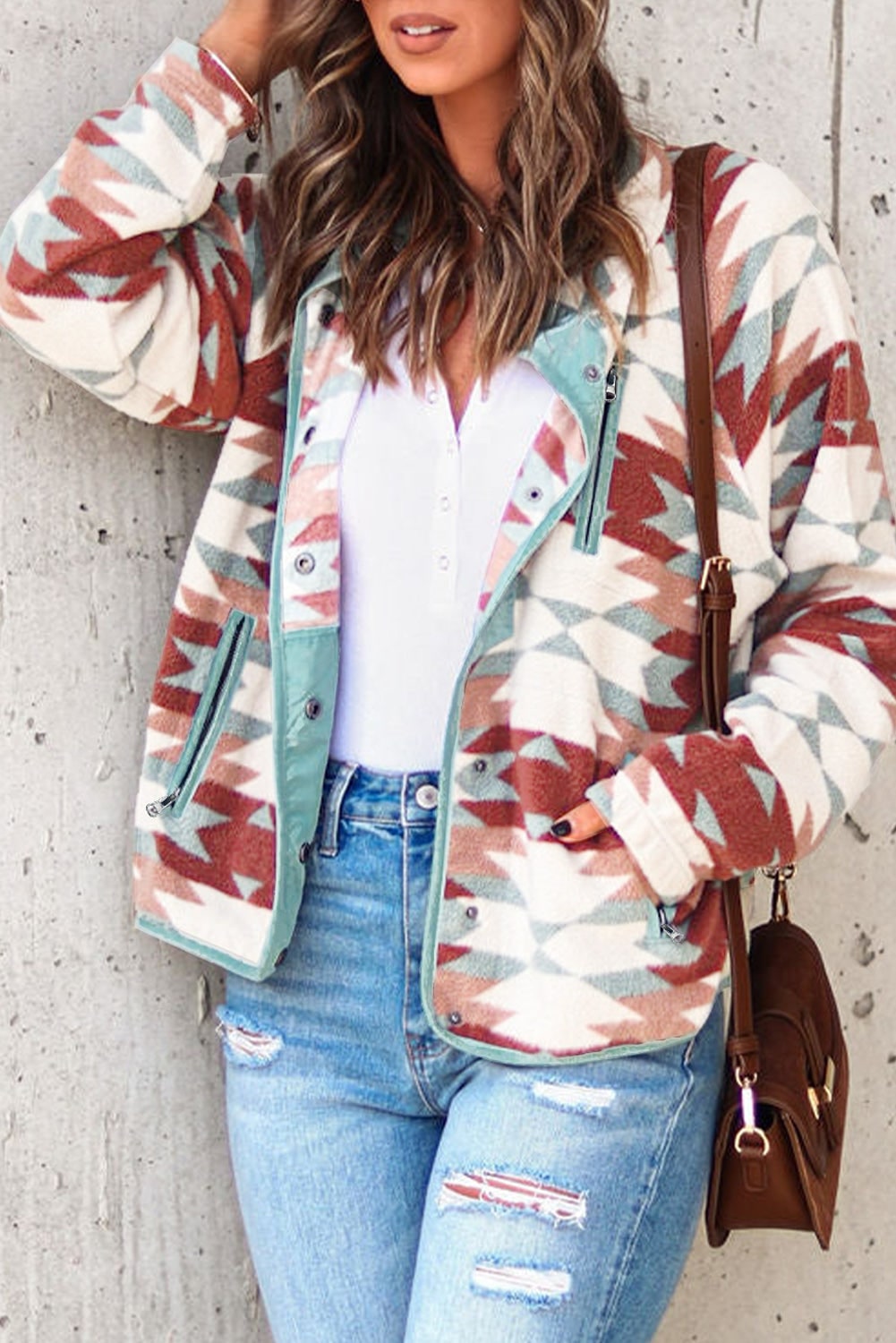 Fleece Jacket with Snap Button Closure and Western Aztec - Image 8