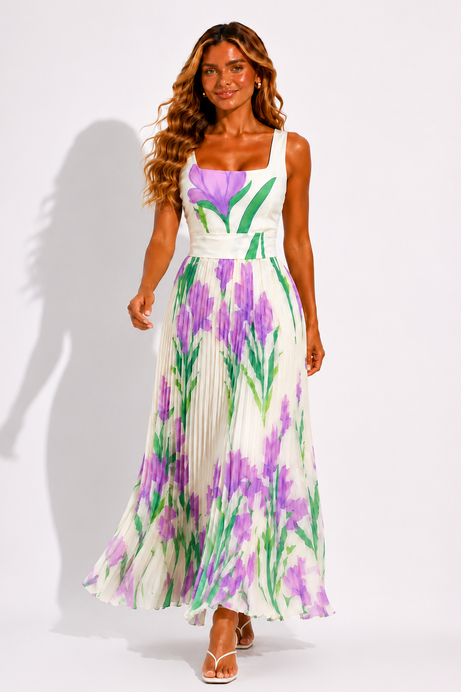 NOVA | Women's Sleeveless Floral Chiffon Maxi Dress – Square Neck Elegant A-Line