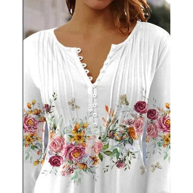 Floral Blouse with Relaxed Henley Shirt and Long Sleeves - Image 1