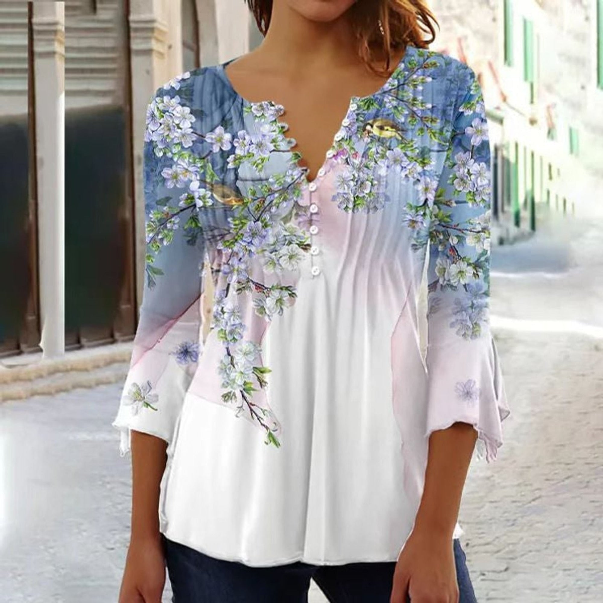 Floral Blouse with Relaxed Henley Shirt and Long Sleeves - Image 10