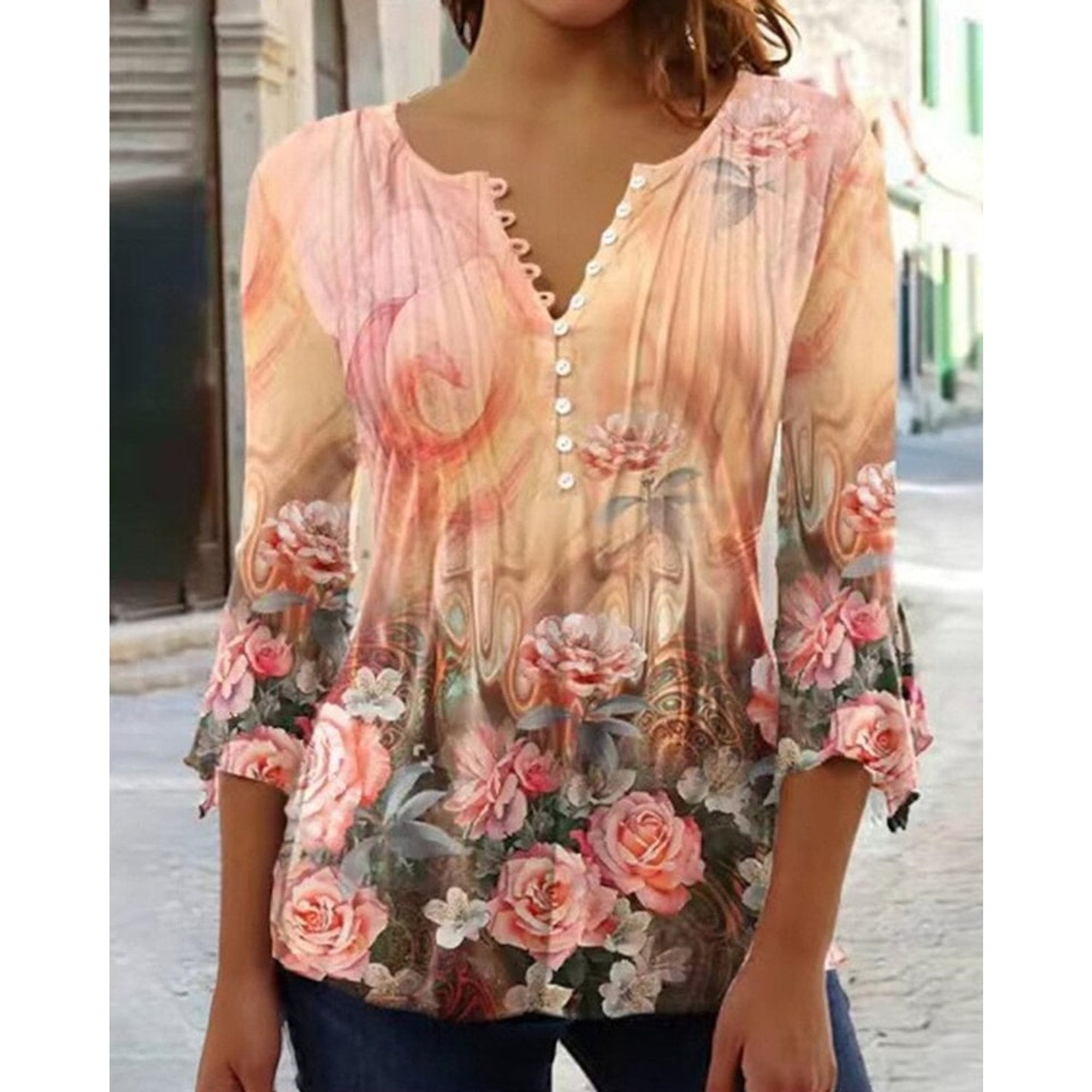 Floral Blouse with Relaxed Henley Shirt and Long Sleeves - Image 11