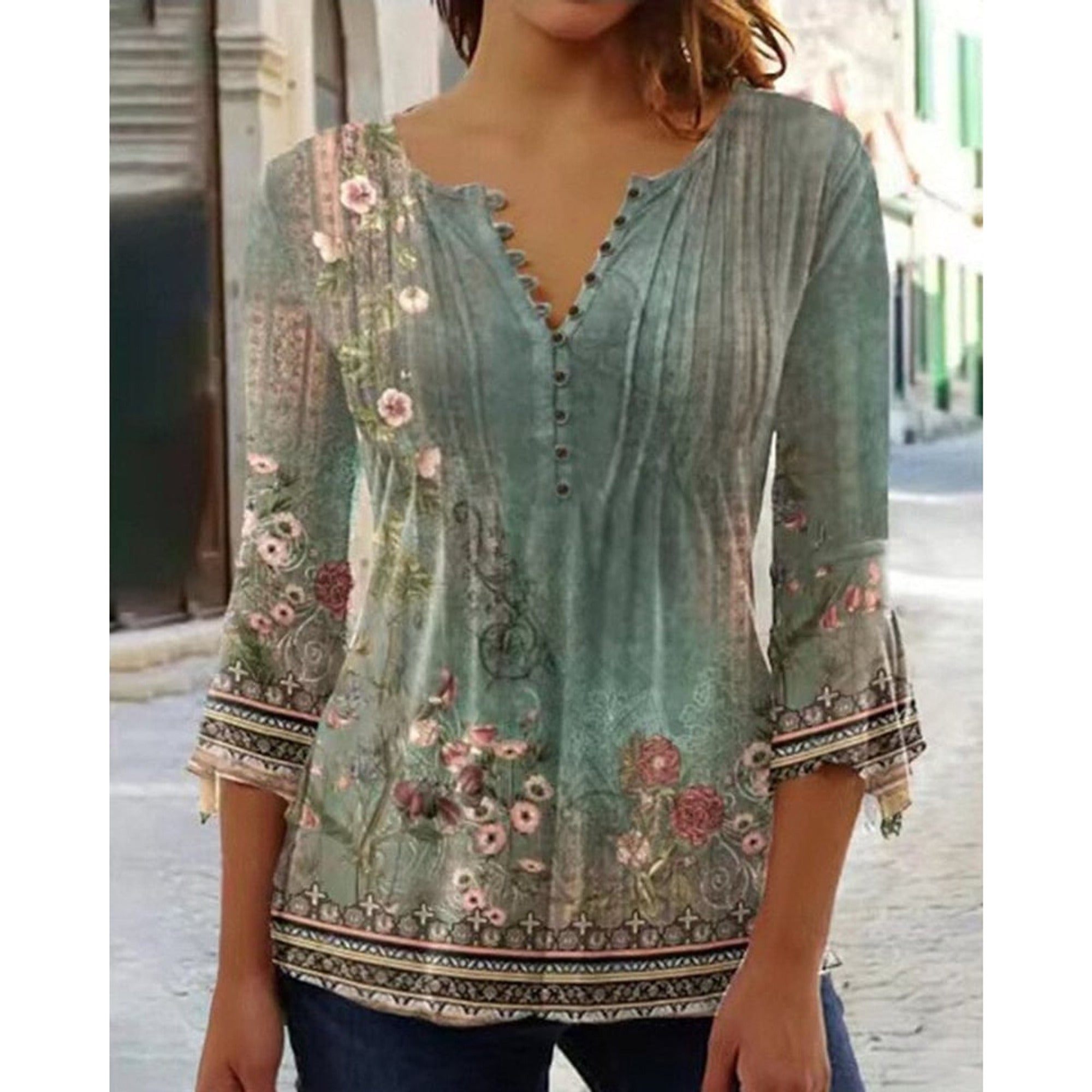 Floral Blouse with Relaxed Henley Shirt and Long Sleeves - Image 12