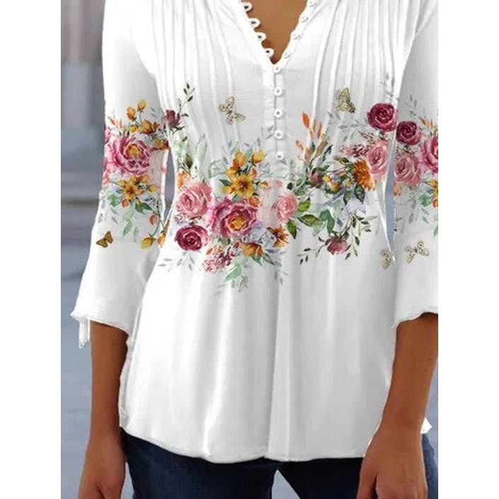 Floral Blouse with Relaxed Henley Shirt and Long Sleeves - Image 2