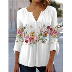 Floral Blouse with Relaxed Henley Shirt and Long Sleeves - Image 3