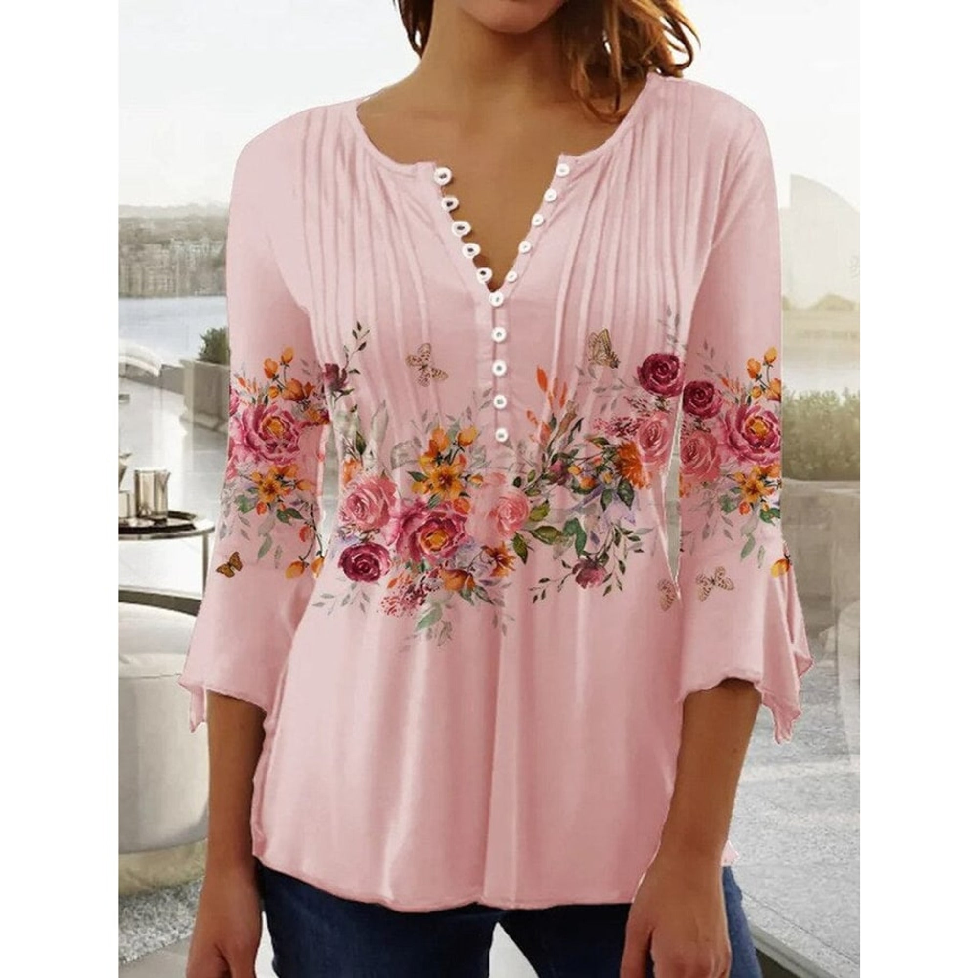 Floral Blouse with Relaxed Henley Shirt and Long Sleeves - Image 4