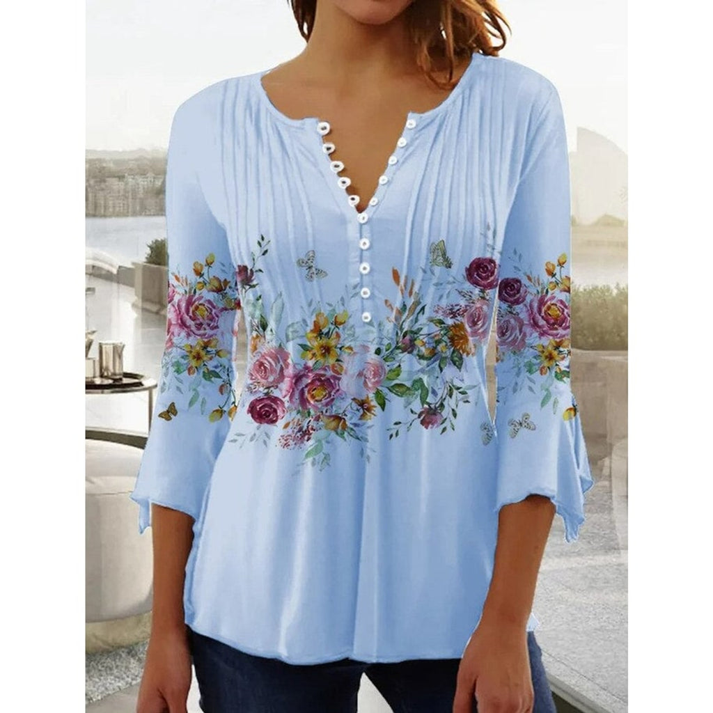 Floral Blouse with Relaxed Henley Shirt and Long Sleeves - Image 6