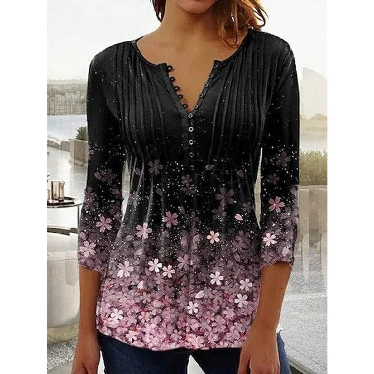 Floral Blouse with Relaxed Henley Shirt and Long Sleeves - Image 7
