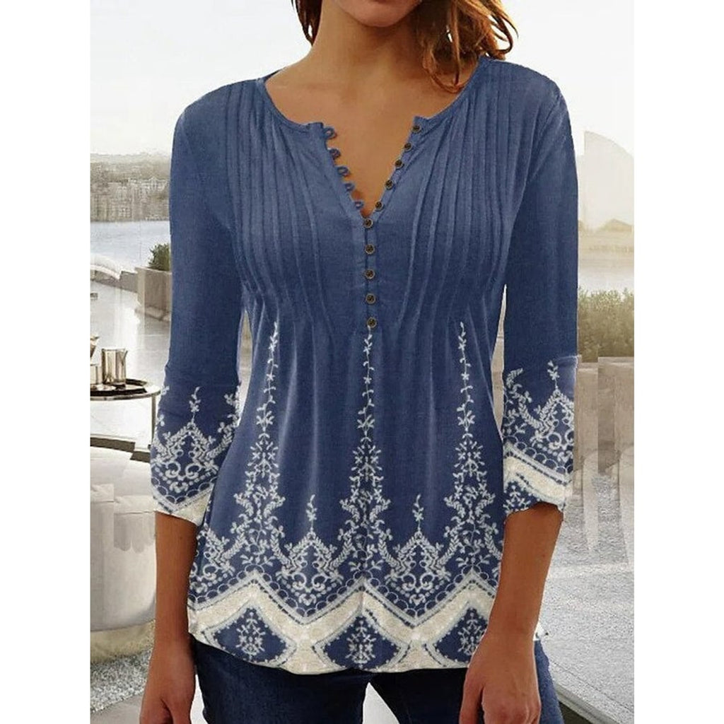 Floral Blouse with Relaxed Henley Shirt and Long Sleeves - Image 8