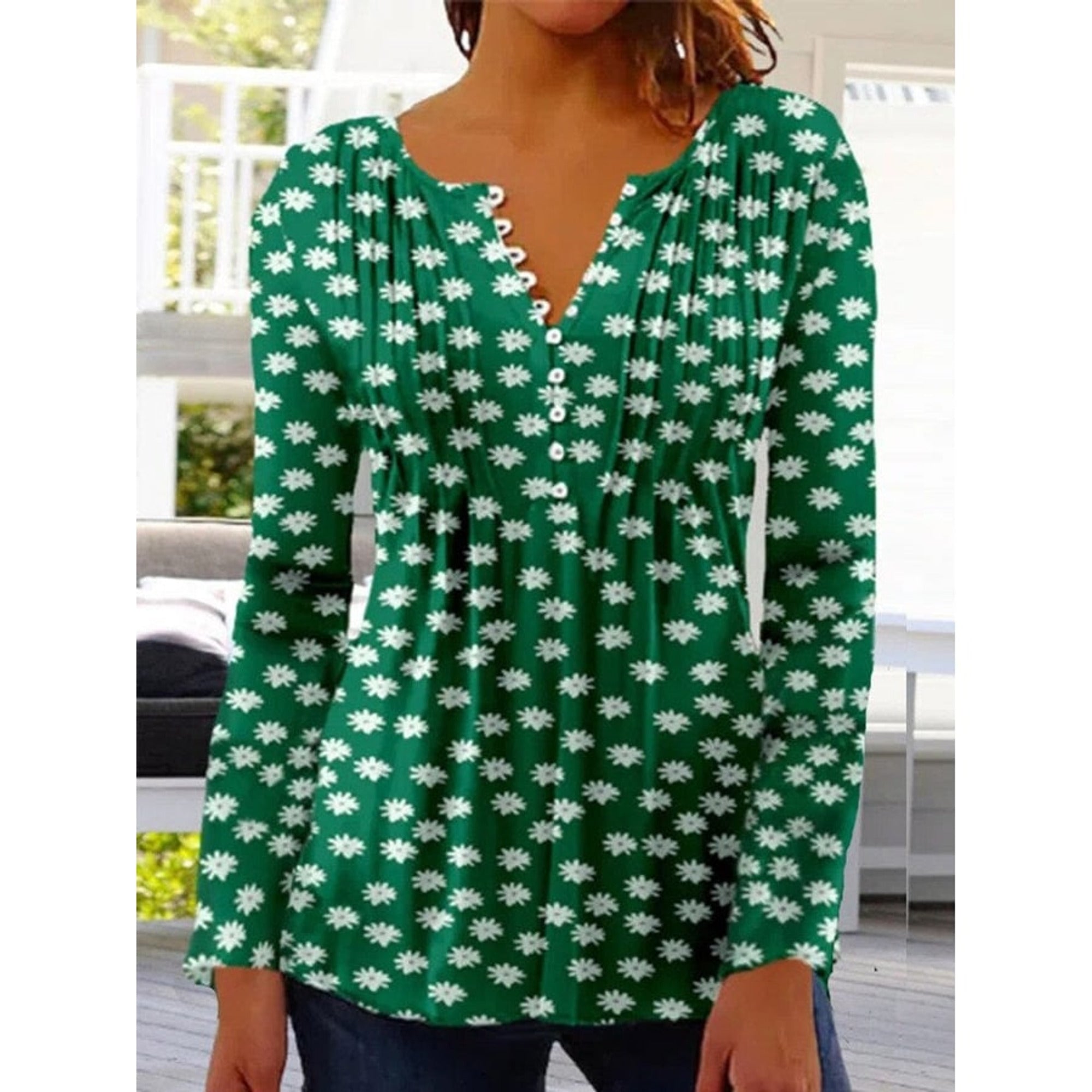 Floral Blouse with Relaxed Henley Shirt and Long Sleeves - Image 9