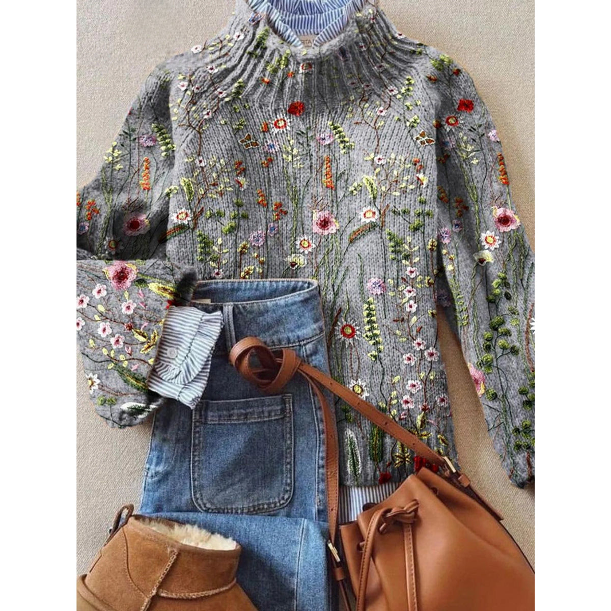 Floral Knit Sweater with Loose Fit and Ribbed Cuffs - Image 1