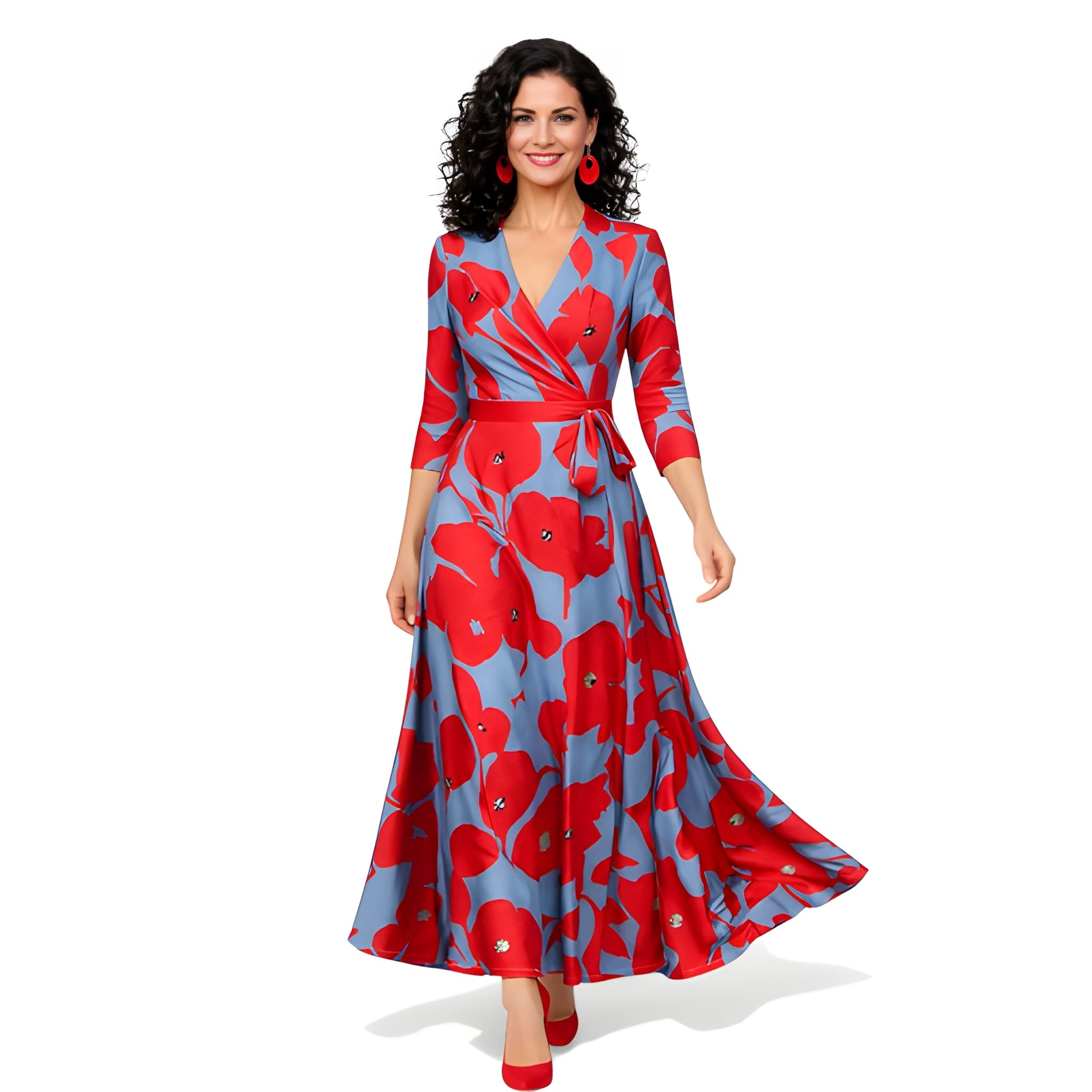 NOVA | Floral Wrap Maxi Dress – V-Neck Blue & Red