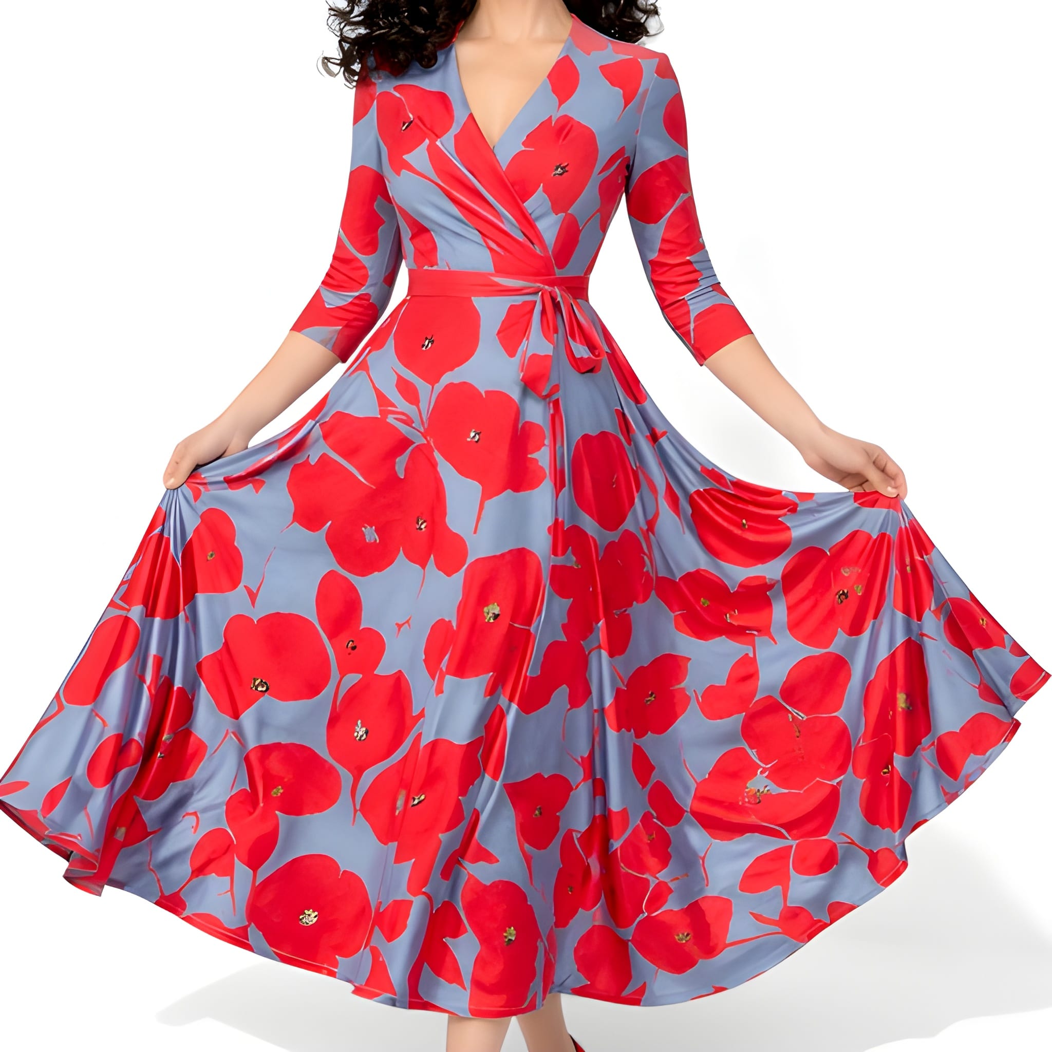 NOVA | Floral Wrap Maxi Dress – V-Neck Blue & Red