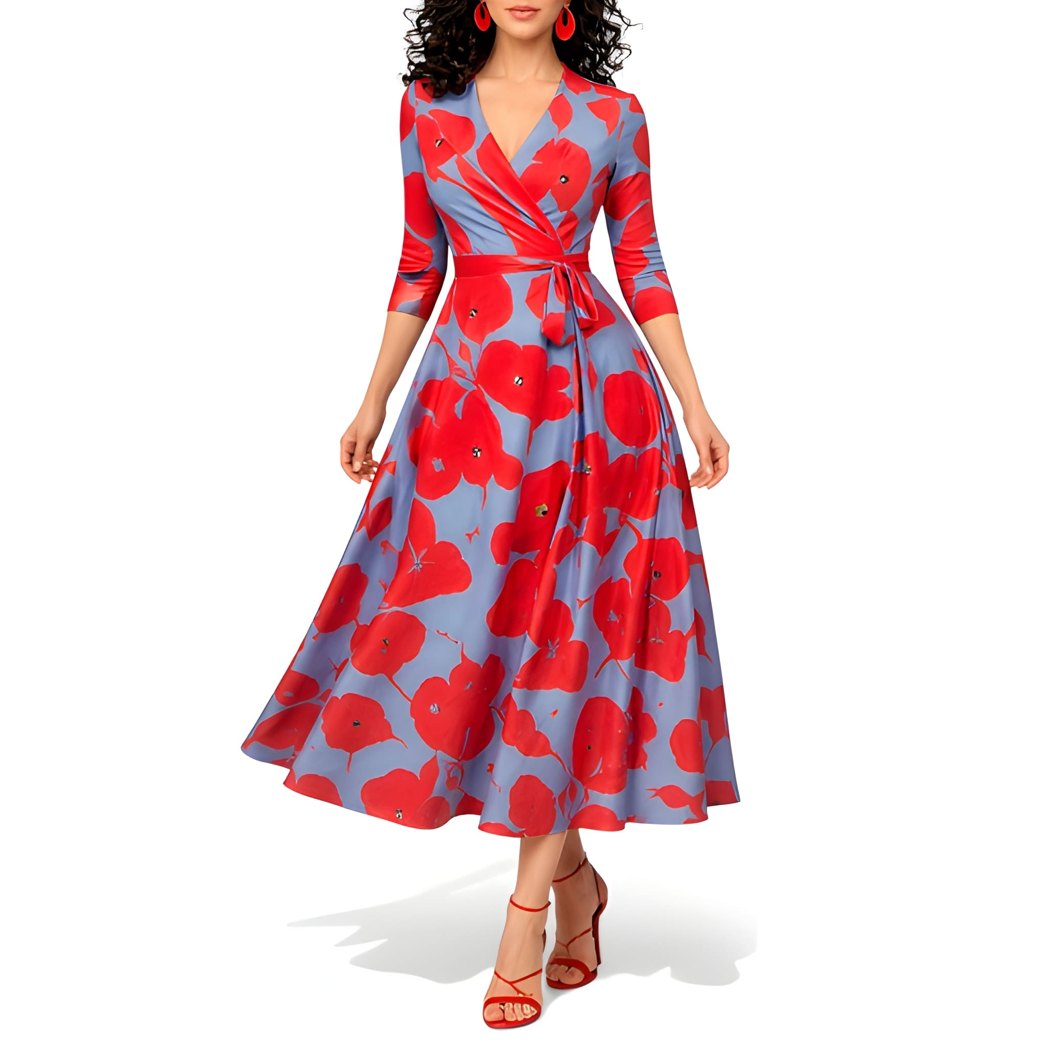 NOVA | Floral Wrap Maxi Dress – V-Neck Blue & Red