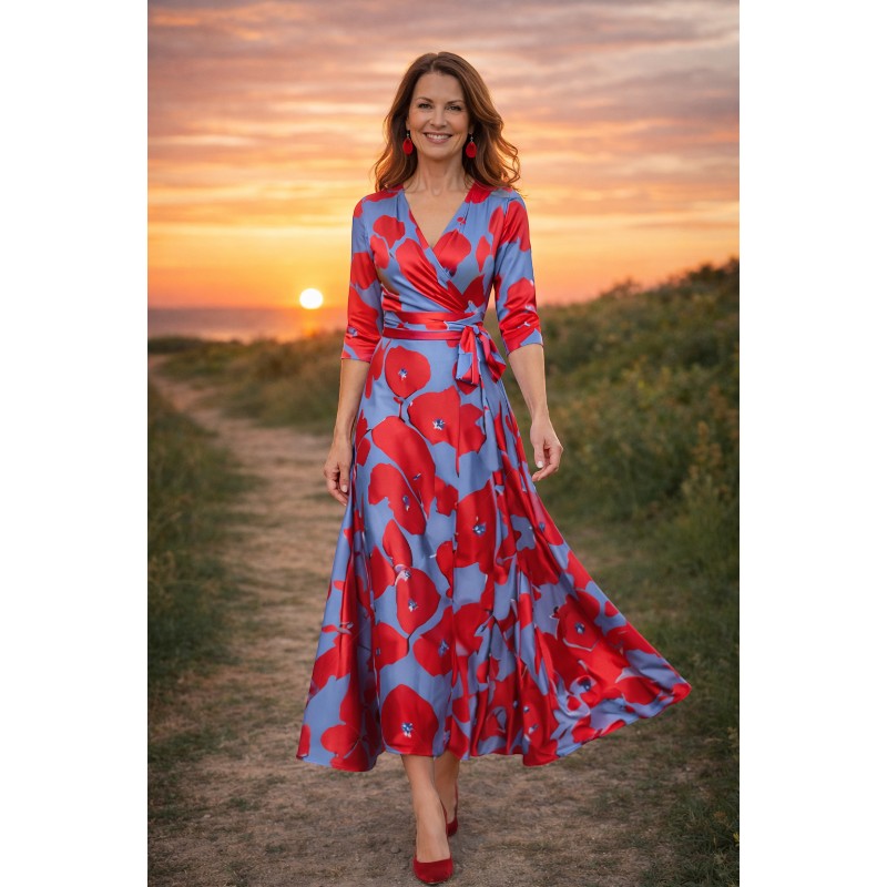 NOVA | Floral Wrap Maxi Dress – V-Neck Blue & Red