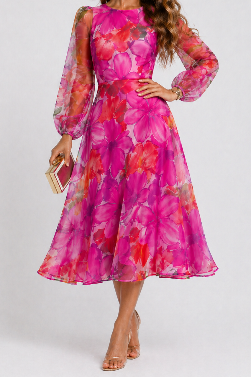 NOVA | Pink Floral Midi Dress with Sheer Sleeves