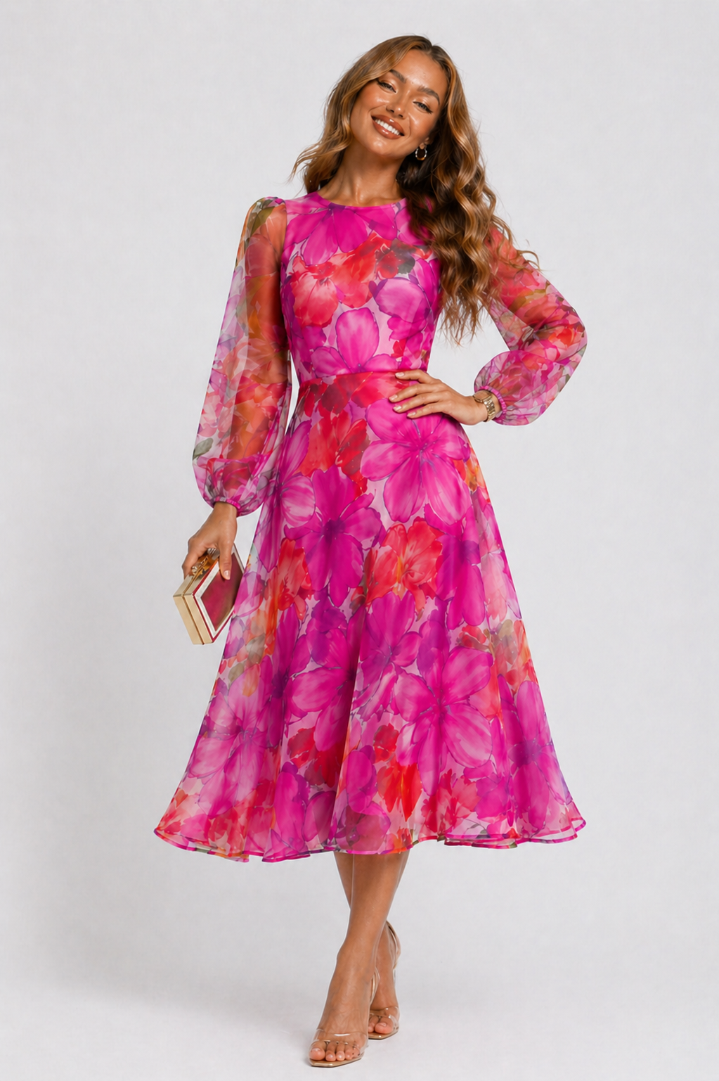 NOVA | Pink Floral Midi Dress with Sheer Sleeves | Wedding Guest Dress