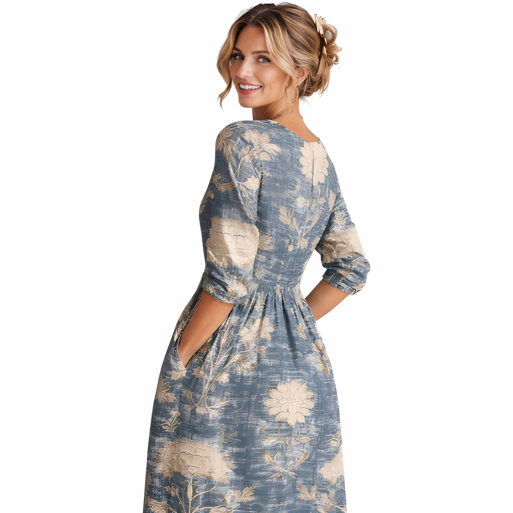 NOVA | Robe midi florale – Col en V manches longues élégante