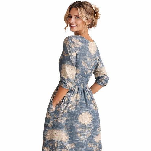 NOVA | Floral Midi Dress – V-Neck Long Sleeve Elegant