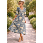 NOVA | Robe midi florale – Col en V manches longues élégante