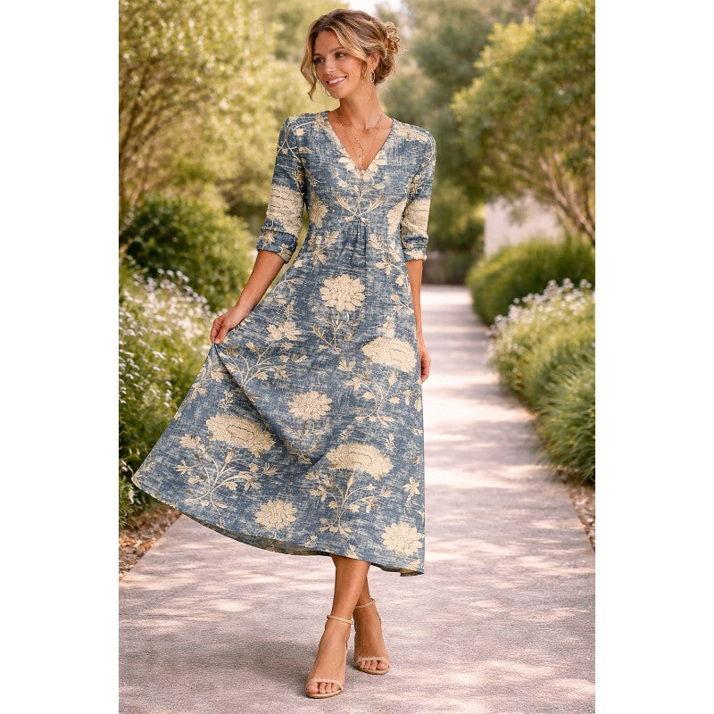 NOVA | Robe midi florale – Col en V manches longues élégante