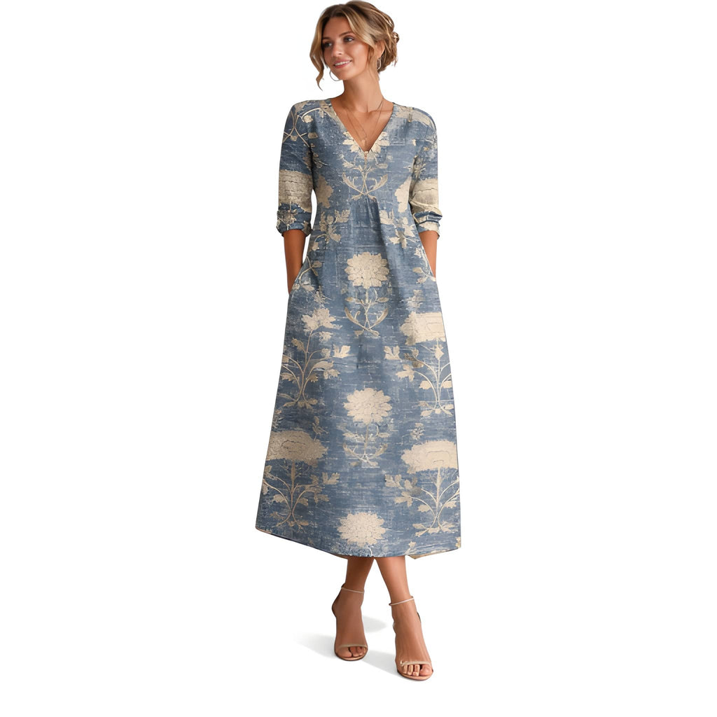 NOVA | Robe midi florale – Col en V manches longues élégante