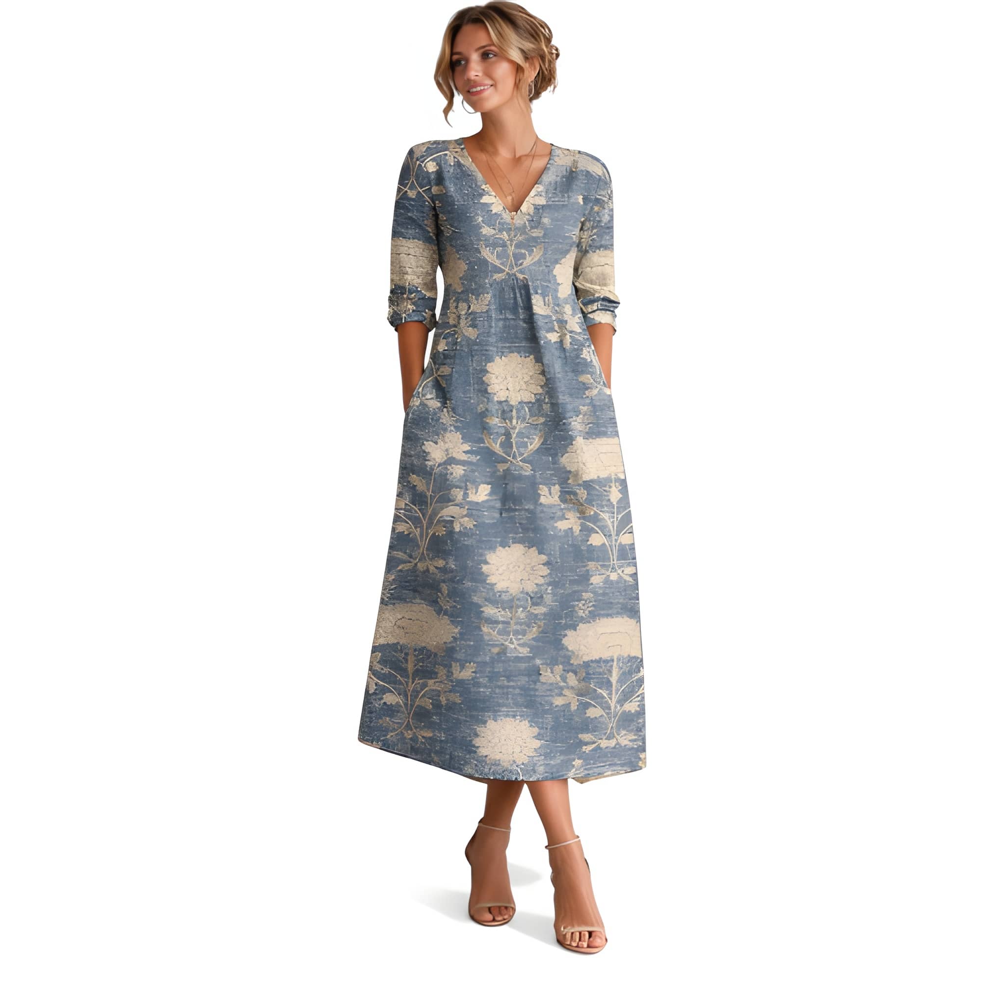 NOVA | Robe midi florale – Col en V manches longues élégante