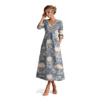NOVA | Robe midi florale – Col en V manches longues élégante