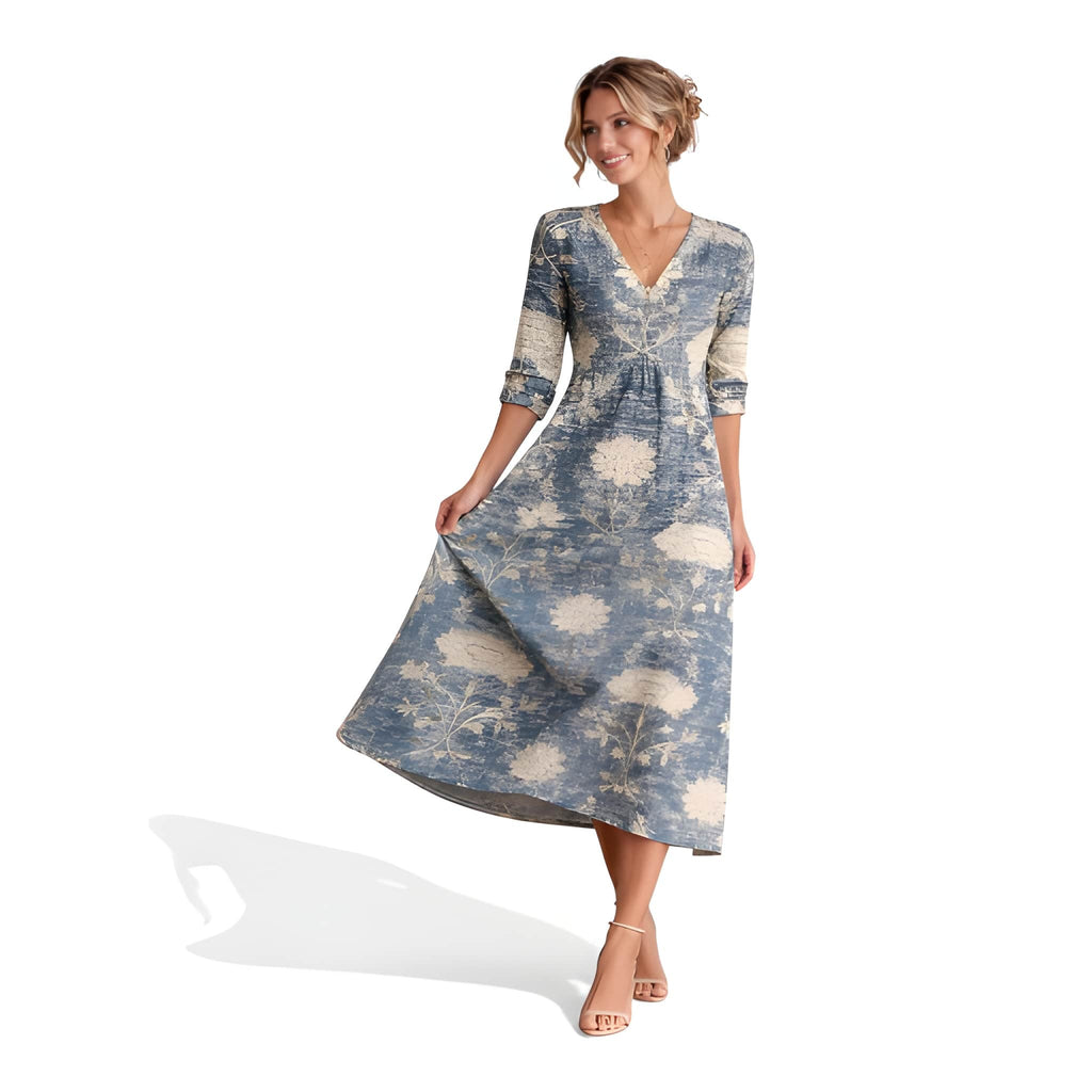 NOVA | Robe midi florale – Col en V manches longues élégante