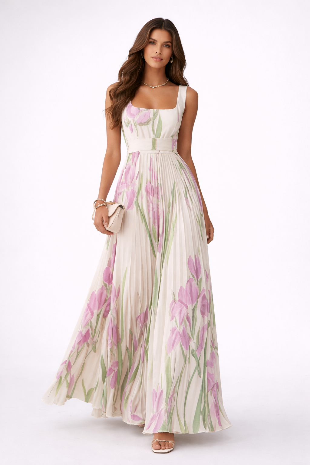 NOVA | Women's Sleeveless Floral Chiffon Maxi Dress – Square Neck Elegant A-Line