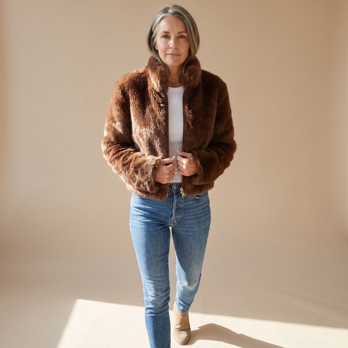 Fur Coat with Cropped Jacket Fit and Zip-Up Front - Image 1