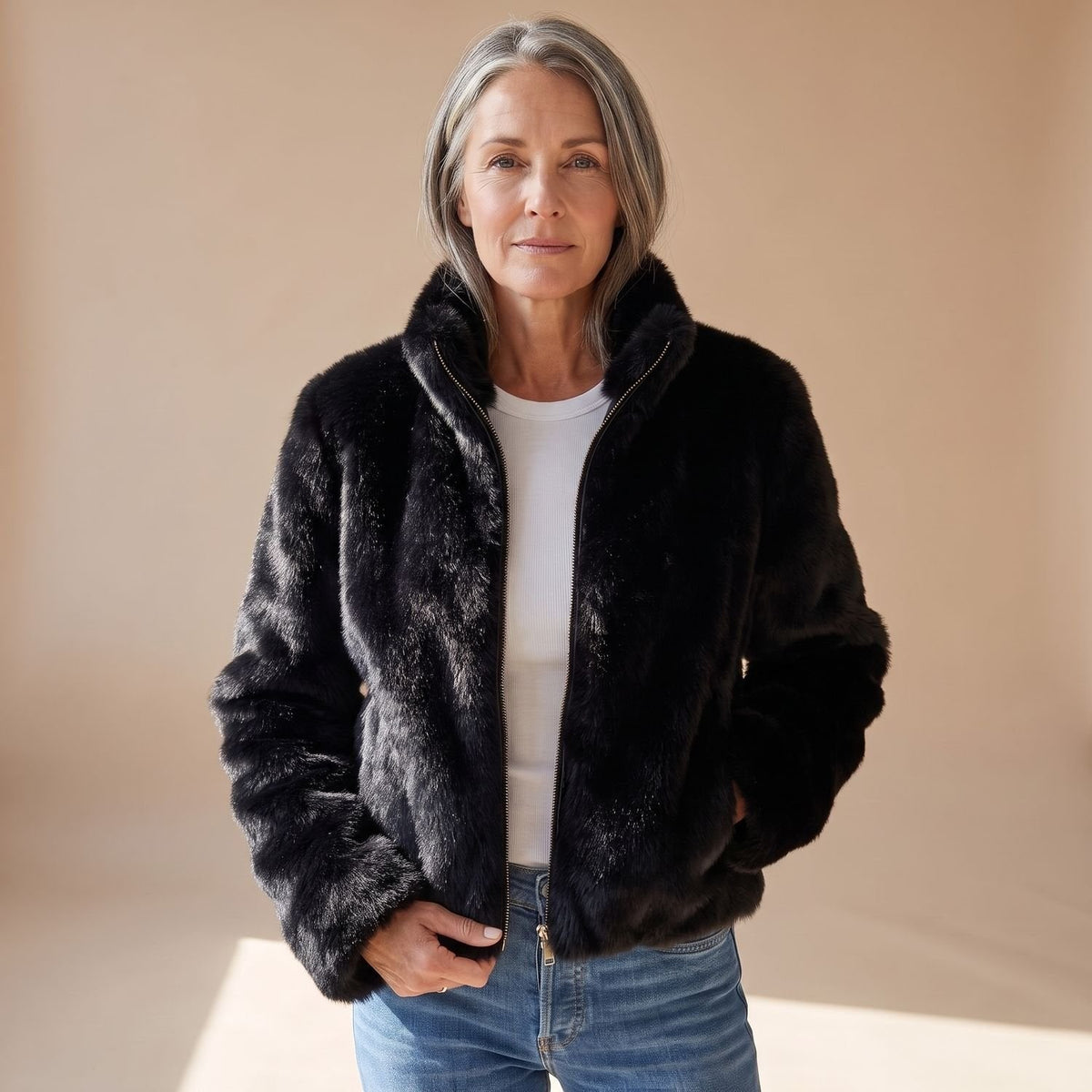 Fur Coat with Cropped Jacket Fit and Zip-Up Front - Image 2