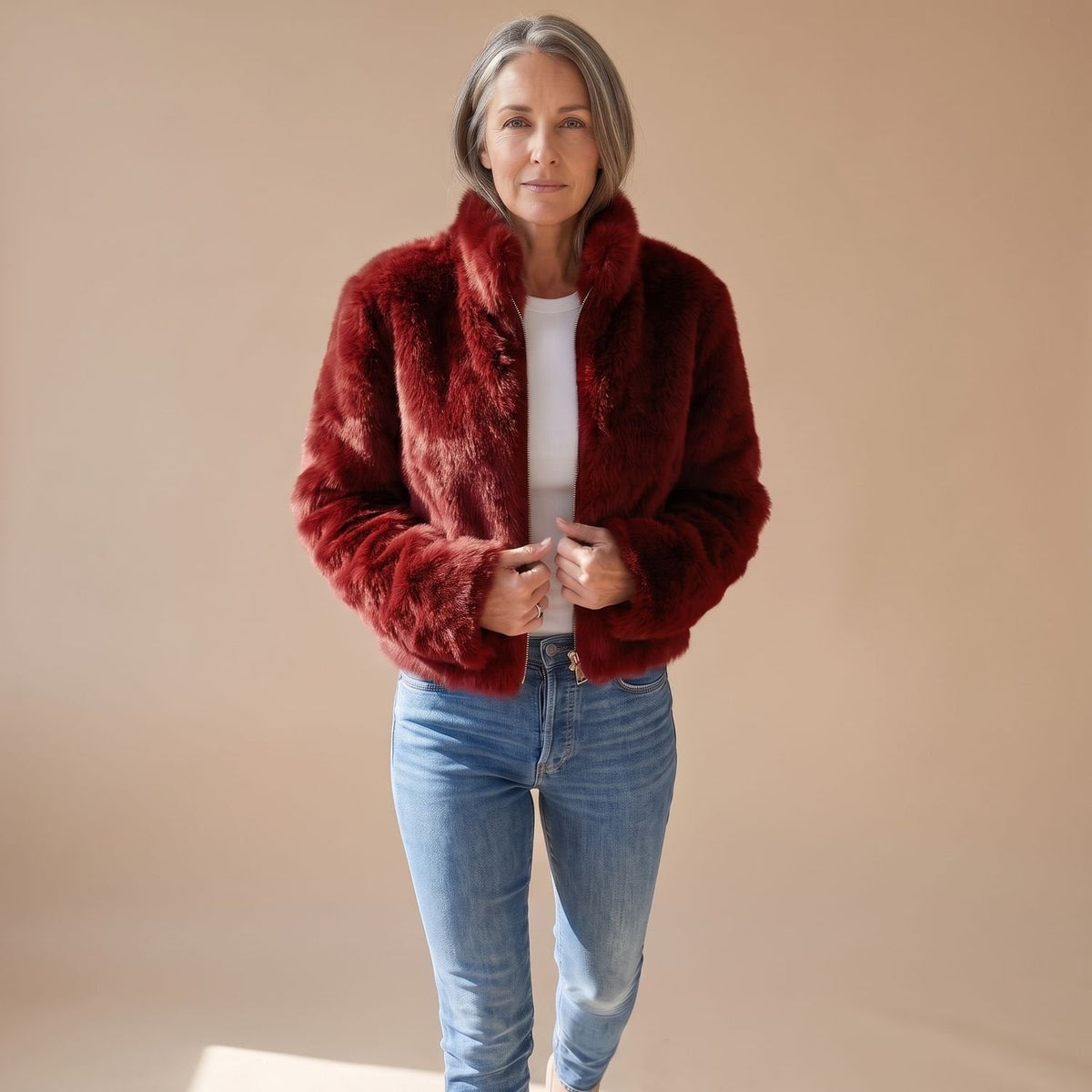 Fur Coat with Cropped Jacket Fit and Zip-Up Front - Image 3