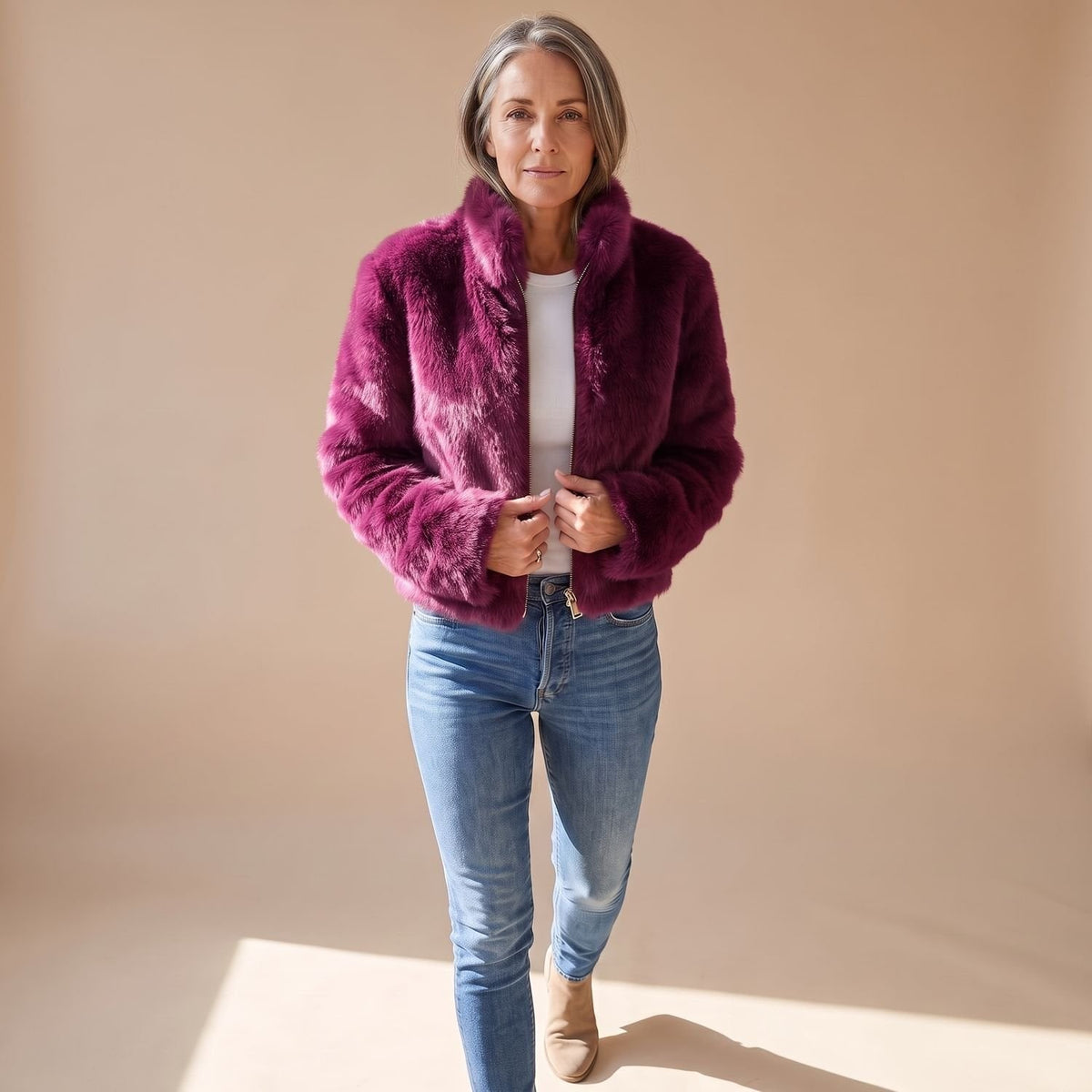 Fur Coat with Cropped Jacket Fit and Zip-Up Front - Image 4