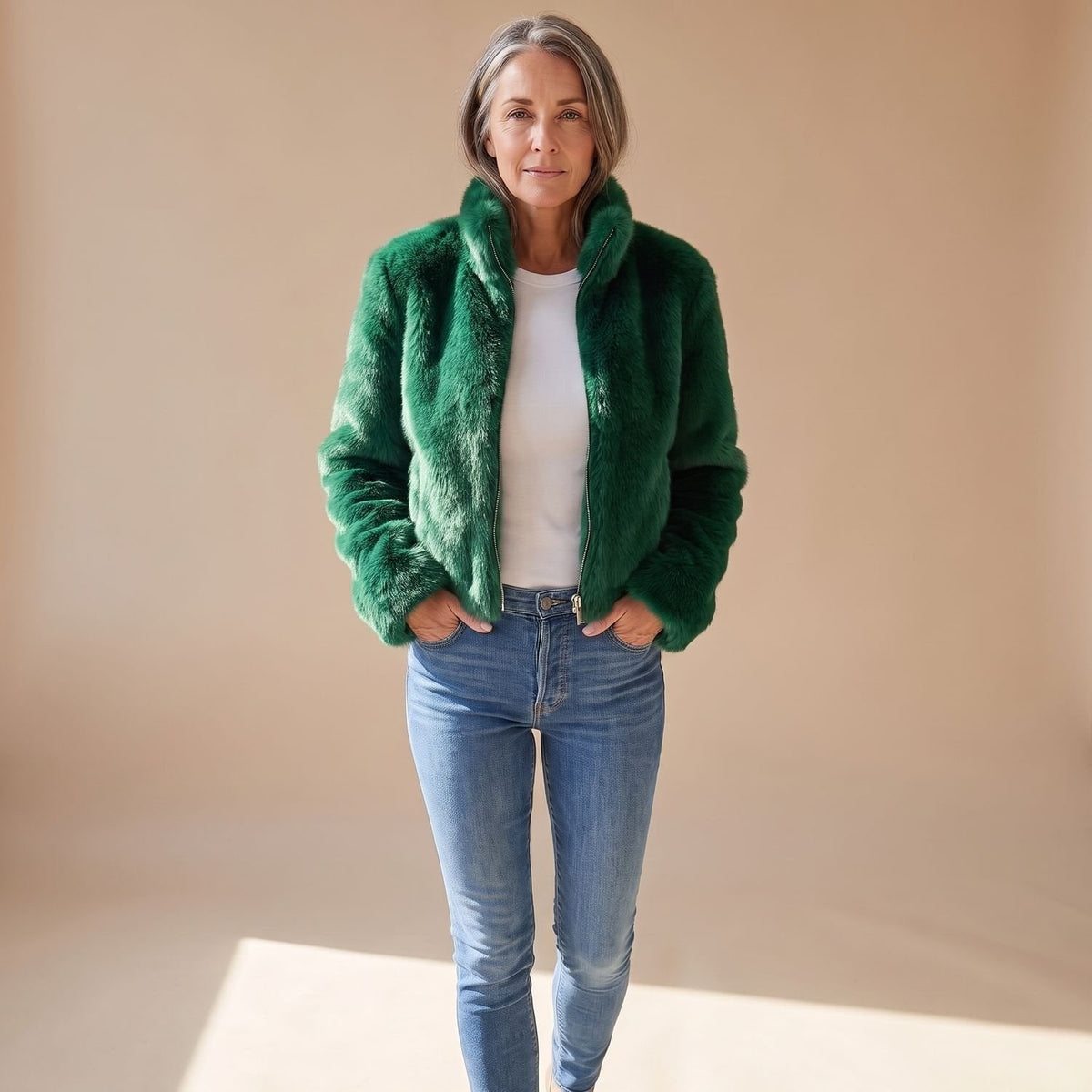Fur Coat with Cropped Jacket Fit and Zip-Up Front - Image 5